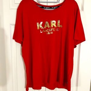 Karl Lagerfeld Paris RED WITH Gold Sequined Logo Top, Size XL, NWOT